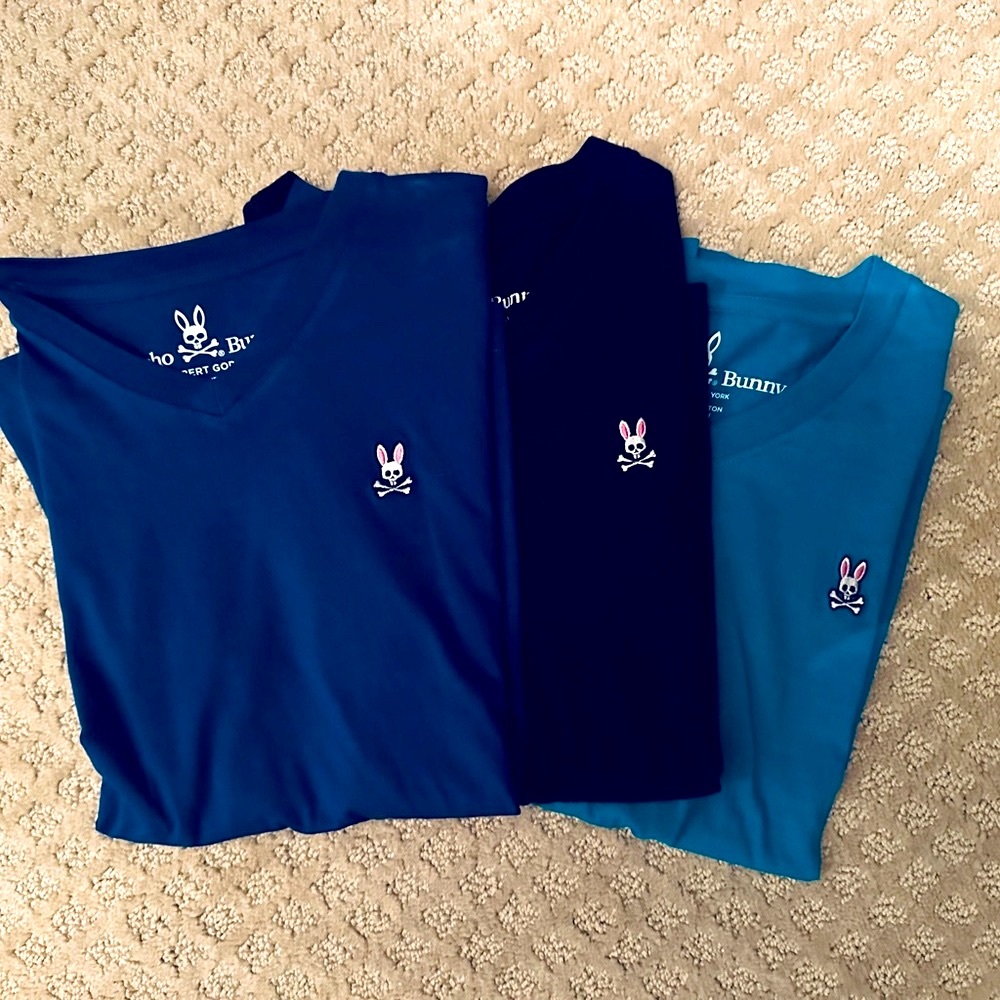 Psycho Bunny Kids' V-Neck T-Shirts - Blue, Navy, Teal Bundle.